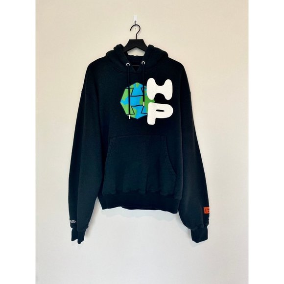 Heron Preston Hoodie Men's Large Black Spray Globe HP Luxury Designer Oversized - Picture 3 of 6